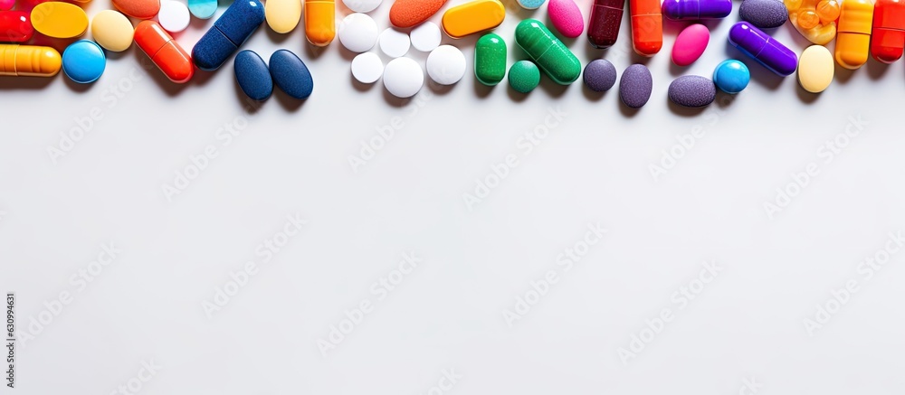 Poster A variety of colorful pills are arranged in a flat lay composition on a table after being poured out