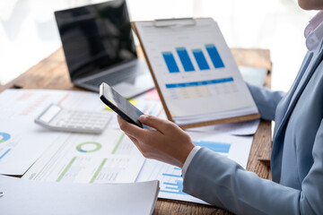 Closed up Business owner sale manager accountant working taxes calculation firm law accounting on calculator laptop computer