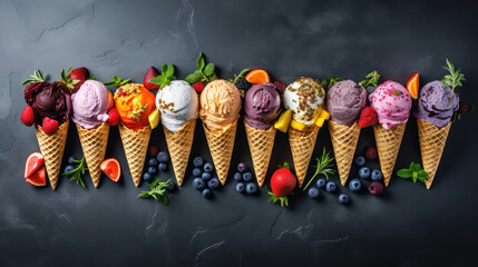 Various of ice cream flavor in cones on dark background. Blueberry, strawberry, vanilla, pistachio, chocolate, raspberry ice cream. 