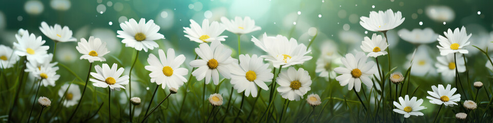 Obraz premium White daisies with green grass and leaves, in the style of bokeh panorama