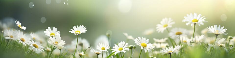 White daisies with green grass and leaves, in the style of bokeh panorama