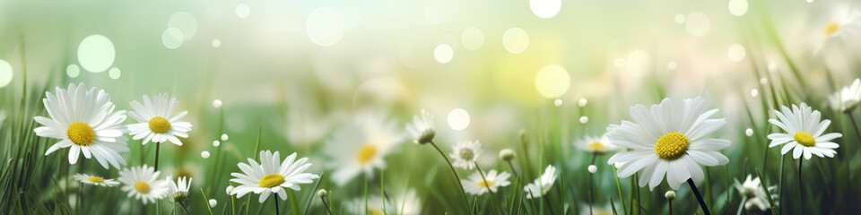 Fototapeta na wymiar White daisies with green grass and leaves, in the style of bokeh panorama