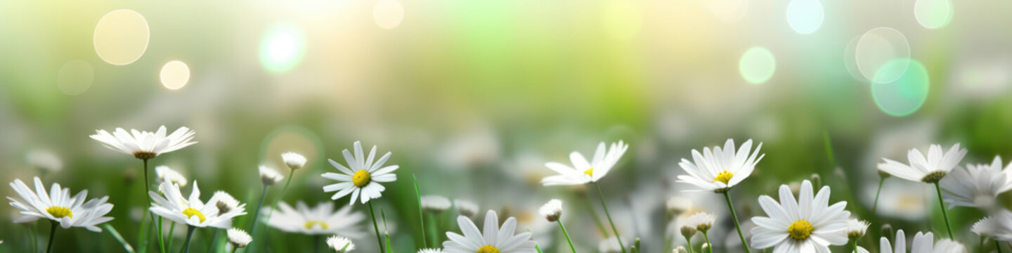 White daisies with green grass and leaves, in the style of bokeh panorama