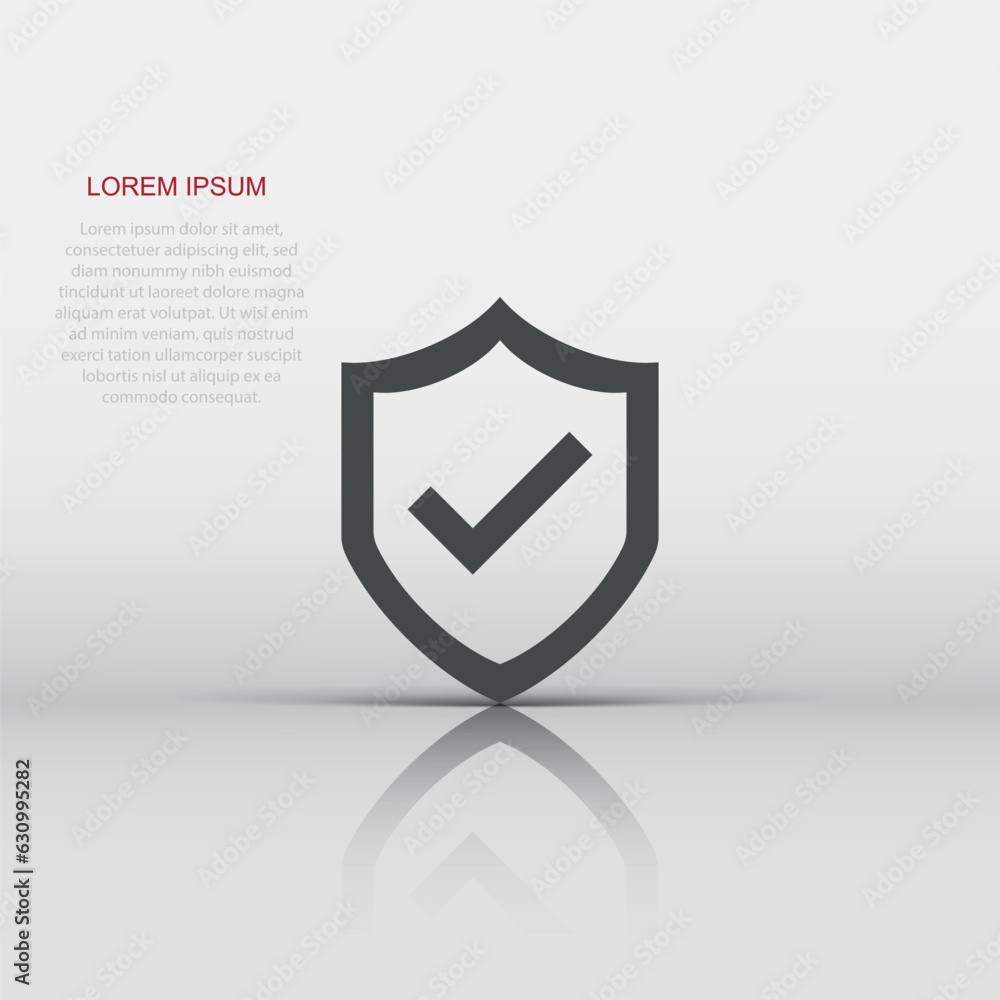 Poster shield with check mark icon in flat style. protect vector illustration on white isolated background.
