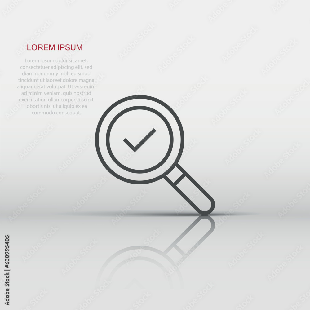 Poster check mark with magnifying glass icon in flat style. loupe accept vector illustration on white isola
