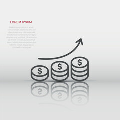 Income rate increase icon in flat style. Finance performance vector illustration on white isolated background. Coin with growth arrow business concept.