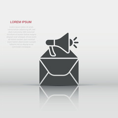 Envelope notification icon in flat style. Email with speaker vector illustration on white isolated background. Receive mail message business concept.