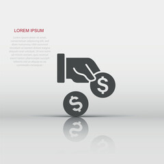Remuneration icon in flat style. Money in hand vector illustration on white isolated background. Coin payroll business concept.