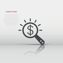 Magnifier glass with money icon in flat style. Dollar search vector illustration on white isolated background. Financial currency business concept.