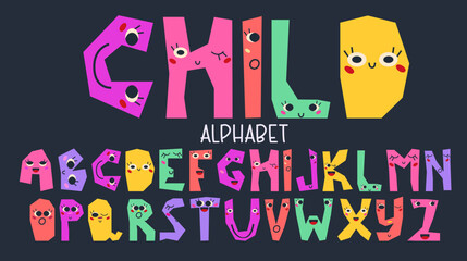 Font funky alphabet for kids with character. Playful font childich design. Cute letter funky type. Cartoon vector illustration. Happy comic bold style