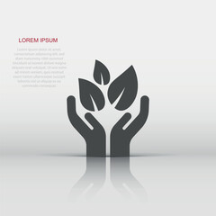 Hand with plant icon in flat style. Flower sprout vector illustration on white isolated background. Environmental protection sign business concept.