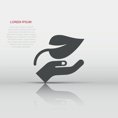 Hand with plant icon in flat style. Flower sprout vector illustration on white isolated background. Environmental protection sign business concept.