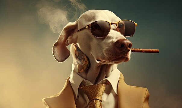 Photo of a dog dressed in a suit and tie smoking a cigarette