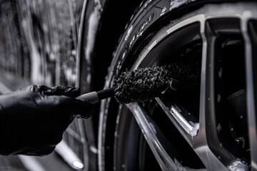 Employee of a car wash or car detailing studio cleans the aluminum rims of a modern car