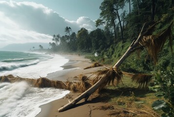 view of the beach with trees that have collapsed due to natural disasters. generative ai