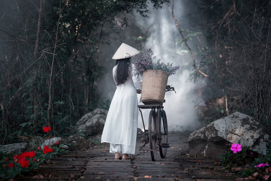Backside view Vietnam woman wearing traditional dress and hat with flower basket on bicycle walking rural country road with white fog dark forest background.