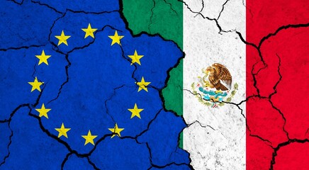Flags of European Union and Mexico on cracked surface - politics, relationship concept