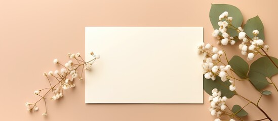 Blank wedding invitation card mockup featuring natural eucalyptus and white gypsophila plant twigs.