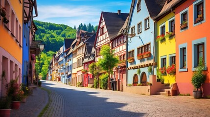 Colorful half-timbered houses in Miltenberg historical medieval Old Town, Bavaria, Germany generative ai - obrazy, fototapety, plakaty