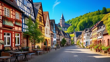 Naklejka premium Colorful half-timbered houses in Miltenberg historical medieval Old Town, Bavaria, Germany generative ai