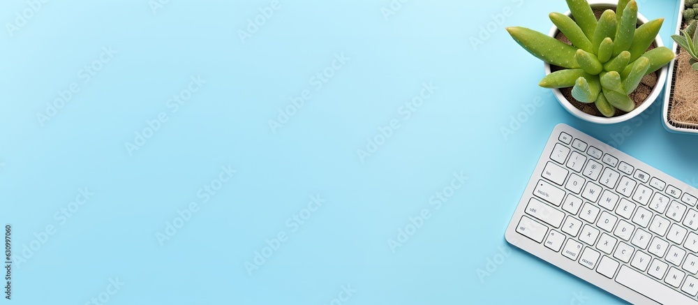 Poster a notebook with a keyboard, mouse, and cactus is seen on a blue background, isolated, with copy spac