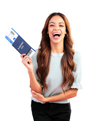 Portrait, happy and woman with passport isolated on transparent png background in international...