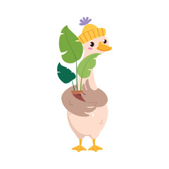 Funny Goose Character in Hat Hold Houseplant in Pot Vector Illustration