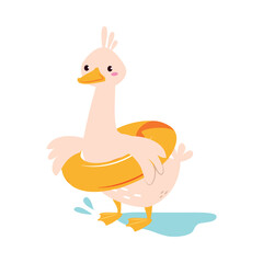 Funny Goose Character with Rubber Ring Ready to Swim Vector Illustration