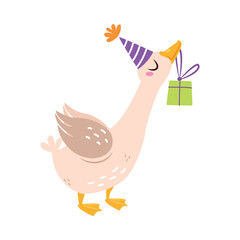 Funny Goose Character in Birthday Hat Carry Gift Box Vector Illustration