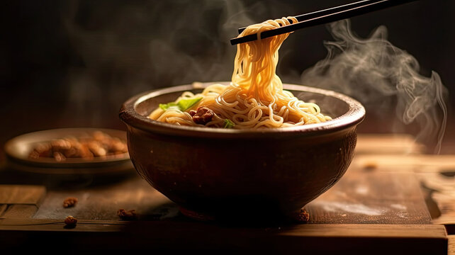 Noodles with steam and smoke in bowl, chopsticks on wooden background.generative ai