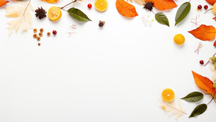 Autumn leaves and fruits on a white background.