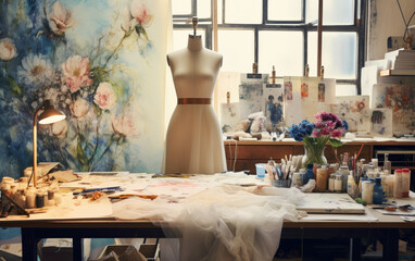 Vintage fashion designer studio with a white wedding dress inside the workshop.