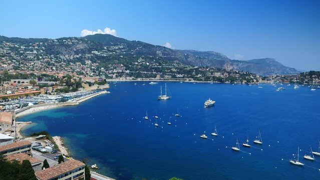 High angle view over calm bay with anchored boats, Villefranche-sur-Mer, France