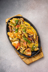 delicious food in a frying pan. Close-up