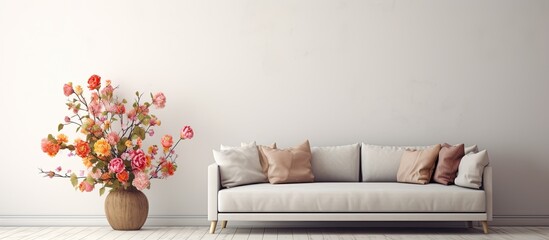 A real photo of flowers placed on a wooden table and a grey settee in a white living room. The image