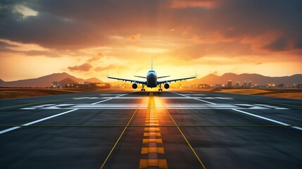 Runway at the airport and the plane flies and landing. generative ai