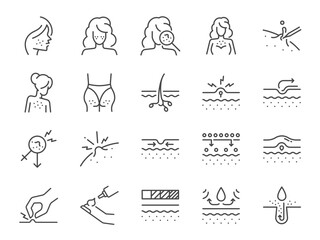 Acne icon set. It included pimples, facial, zits, inflammation, and more icons. Editable Vector Stroke.
