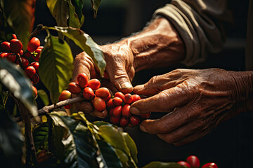 Photo close up farming hand picking up raw coffee bean on tree in farm,genearative ai