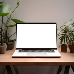 minimalistic laptop screen mockup on wooden desk with green plant decoration