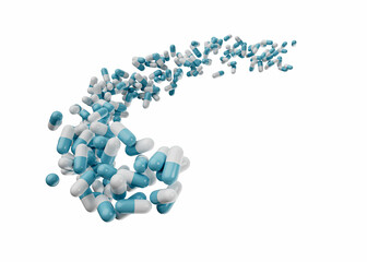 3d Blue And White Pharmaceutical Antibiotic Capsules Flowing Coming In The Air, 3d Illustration