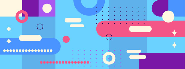 Abstract colorful flat geometric background, mosaic pattern design with the simple shape of circles, squares, dots, and lines. Mural design. Neo geometric. Vector Illustration.