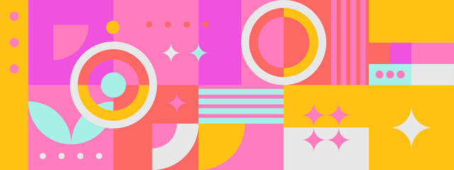 Colorful geometric mosaic of shapes and symbols. Abstract background.