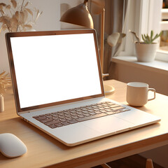 Fototapeta premium laptop screen mockup on a minimalist wooden desk