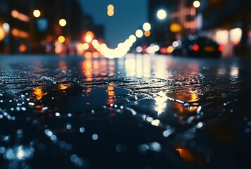 background of raindrops on asphalt with beautiful reflection of urban lights at night. generatrive ai - obrazy, fototapety, plakaty