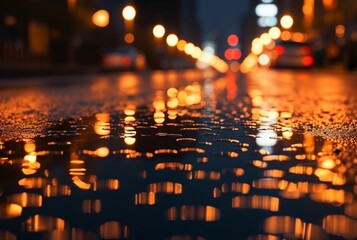 background of raindrops on asphalt with beautiful reflection of urban lights at night. generatrive ai