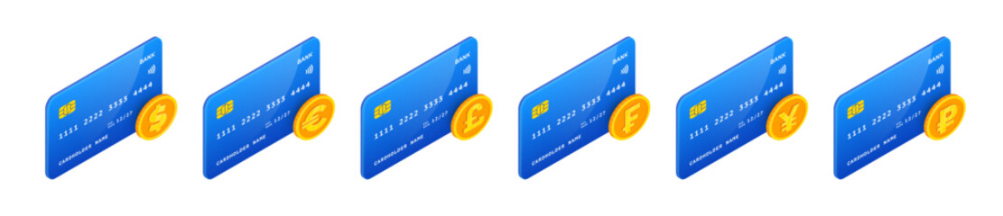 3D Credit Card Currency Set. Vector Isometric credit cards with dollar, euro, pound, frank, yen, yuan and rouble sign. Online banking payment symbols. Currency transactions, Online money transfer.