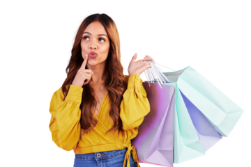 Fashion, retail and thinking with woman and shopping bag on png for luxury, boutique and sale. Cosmetics, deal and store with customer isolated on transparent background for product and freedom