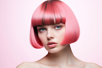 Woman With Bob Cut Hair On Pink Background
