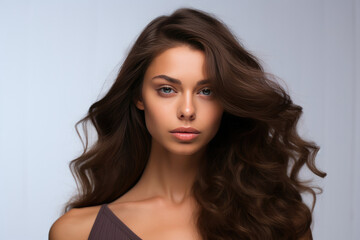 Woman With Chocolate Brown Hair On White Background