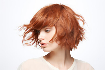 Woman With Layered Cut Hair On White Background